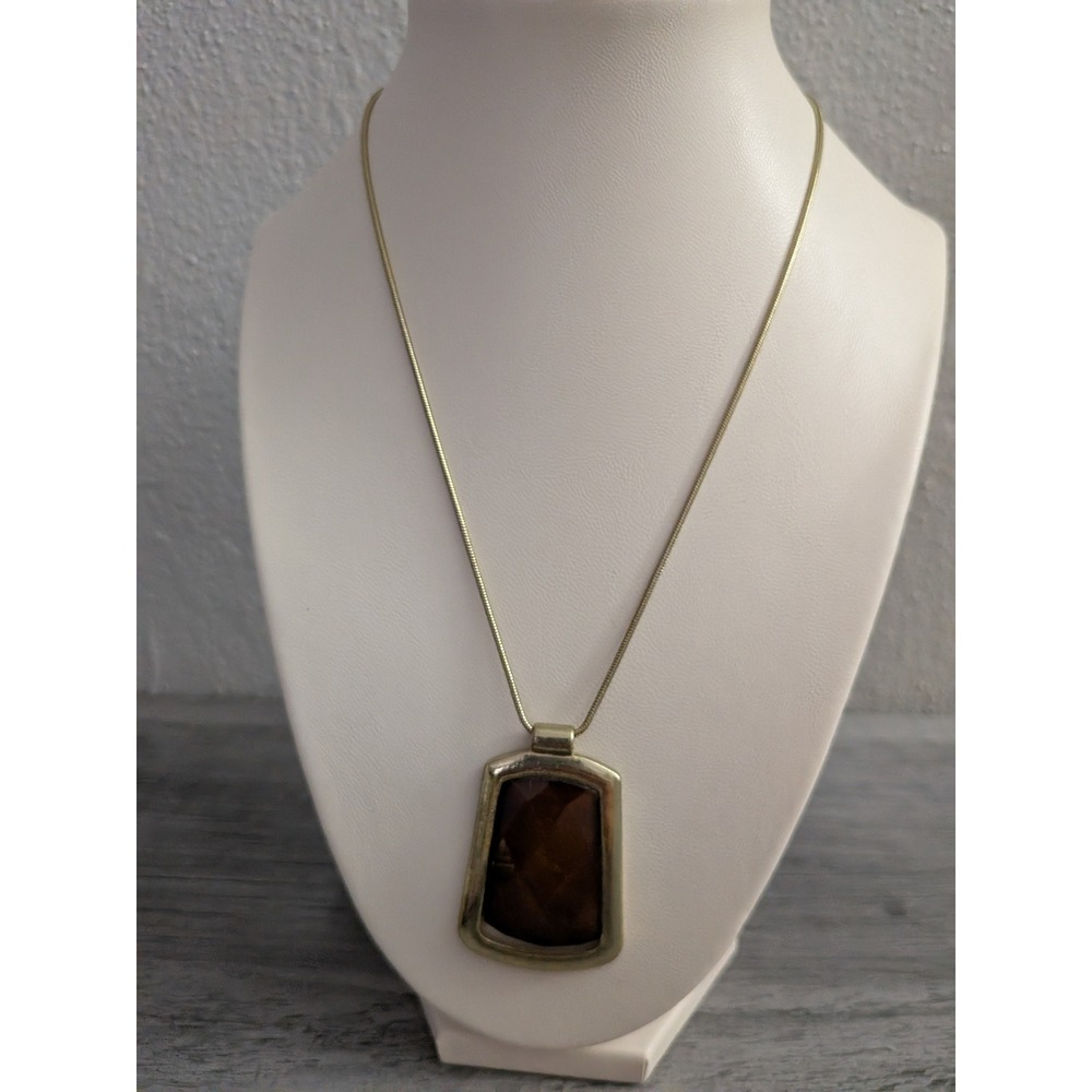 Gold Tone Snake Chain Necklace Brown Faceted Stone Rectangle Pendant Adjustable